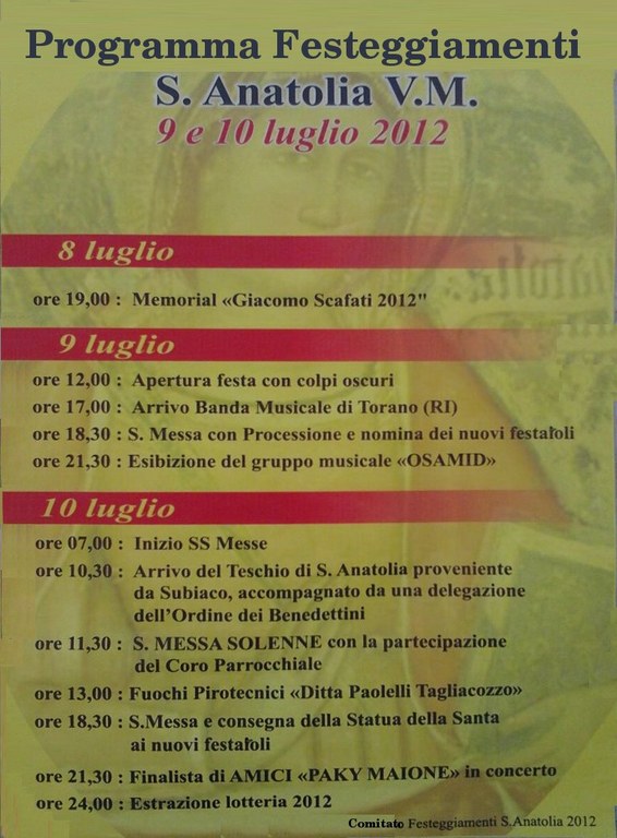 Programma festa di S.Anatolia 2012