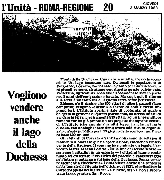 1983 - Vogliono vendere anche il lago della Duchessa